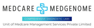 Medcare MedGenome logo with a blue interlocking cross, the tagline 'Comprehensive Diagnostic Labs', and the subtitle 'Unit of Medcare Management Services Private Limited'